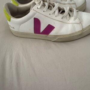 Veja White Leather Sneakers with Pink V and Lime Heel Tab